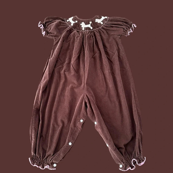 Betti Terell Other - Betti Terell baby girls 24 months Brown Corduroy Smocked Romper Pink Poodle Dogs